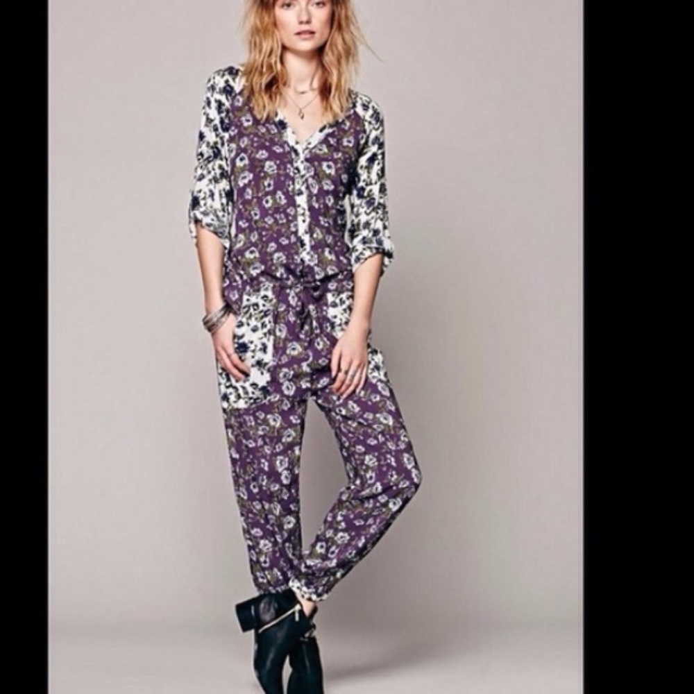 Free people leia floral jumpsuit eggplant